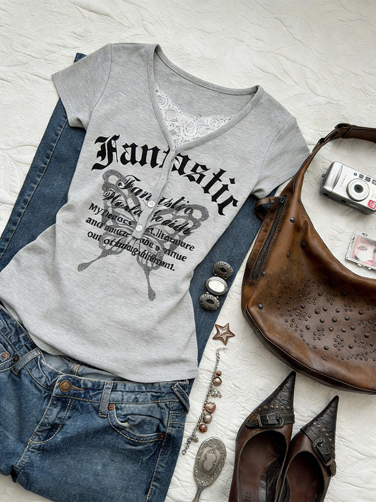 retro gray lace butterfly shirt