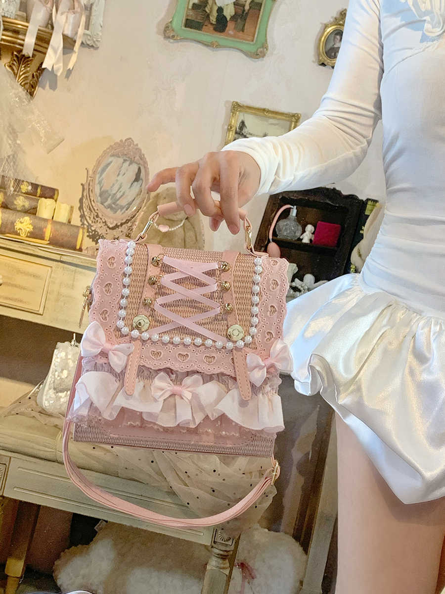 Bow Pearl Ribbon Straw Backpack