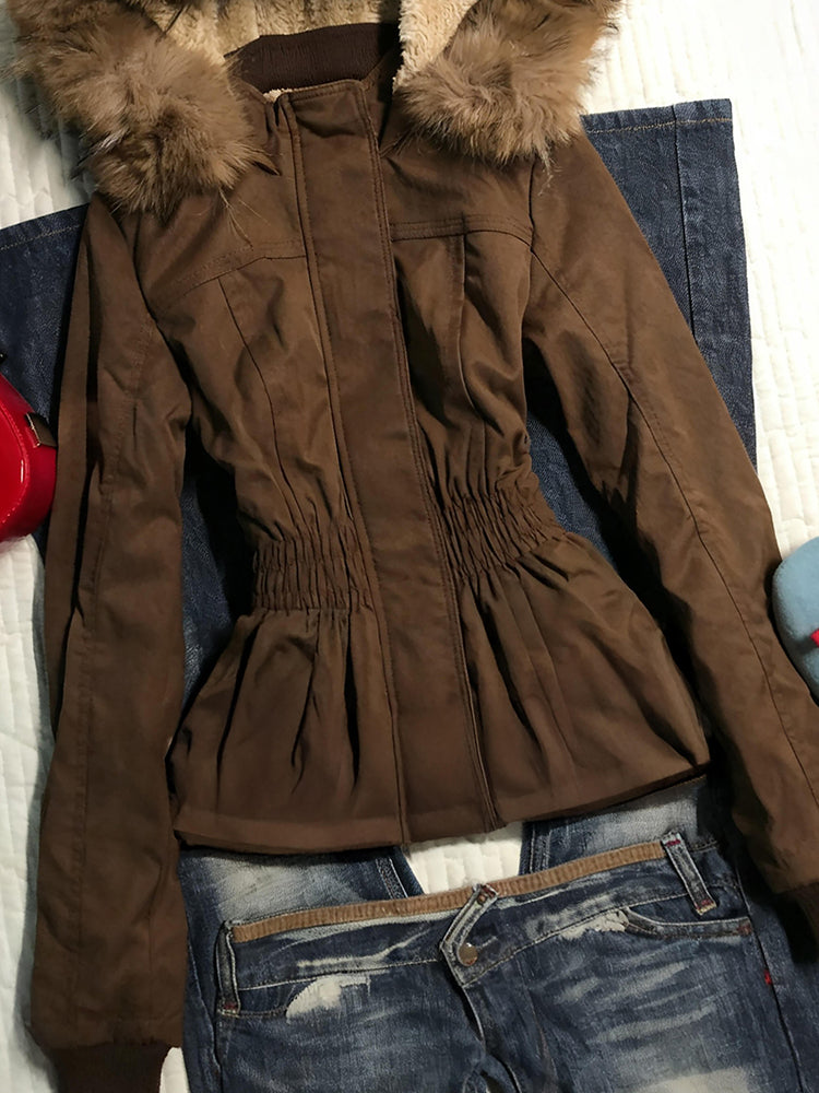 brown retro fur collar hooded waist slimming velvet overcoat