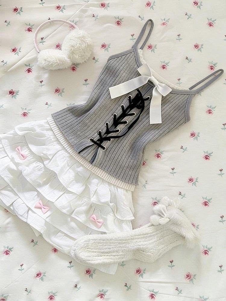 retro gray white bow tank top