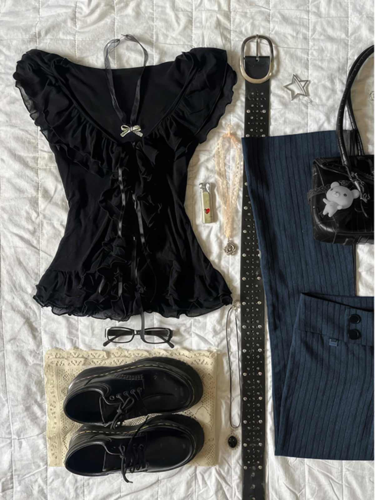 Black Bow Tie V-neck Top