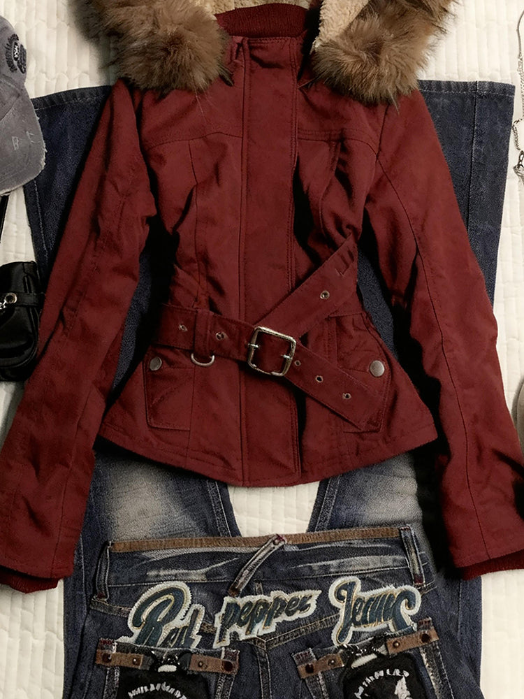 red retro fur hooded jacket