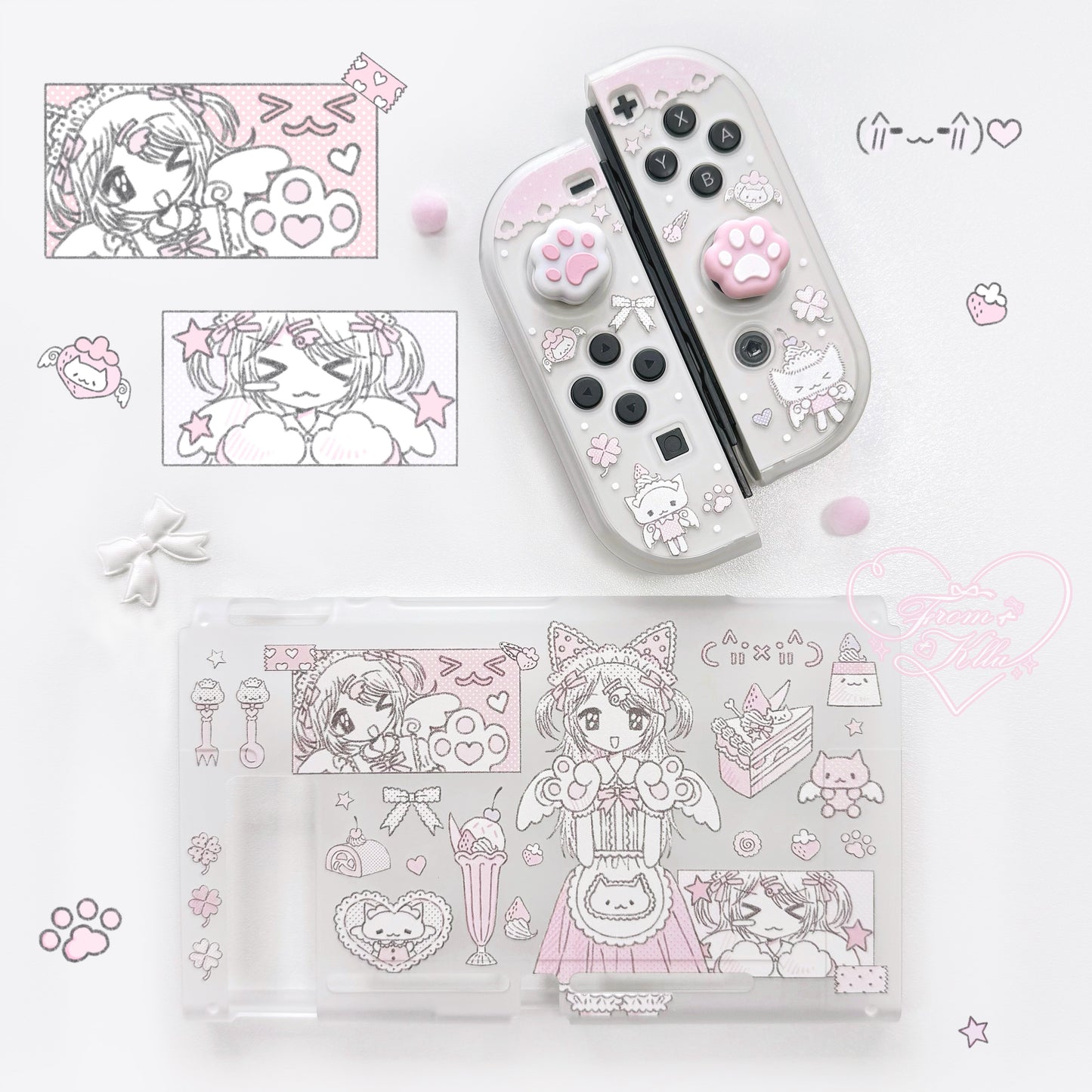 kawaii switch protective cover [ns protective case] semi-transparent matte (hard back panel + hard handle + cat claw cap)
