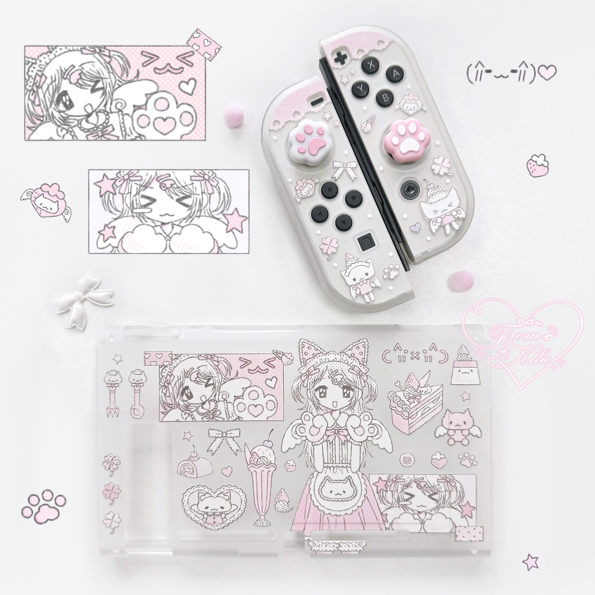 kawaii switch protective cover [ns protective case] semi-transparent matte (hard back panel + hard handle + cat claw cap)