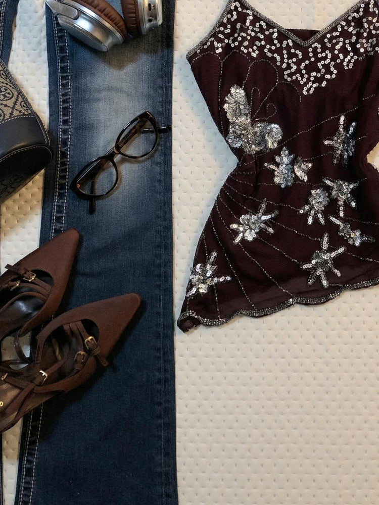 Vintage Brown Rhinestone Sequin Halter Top