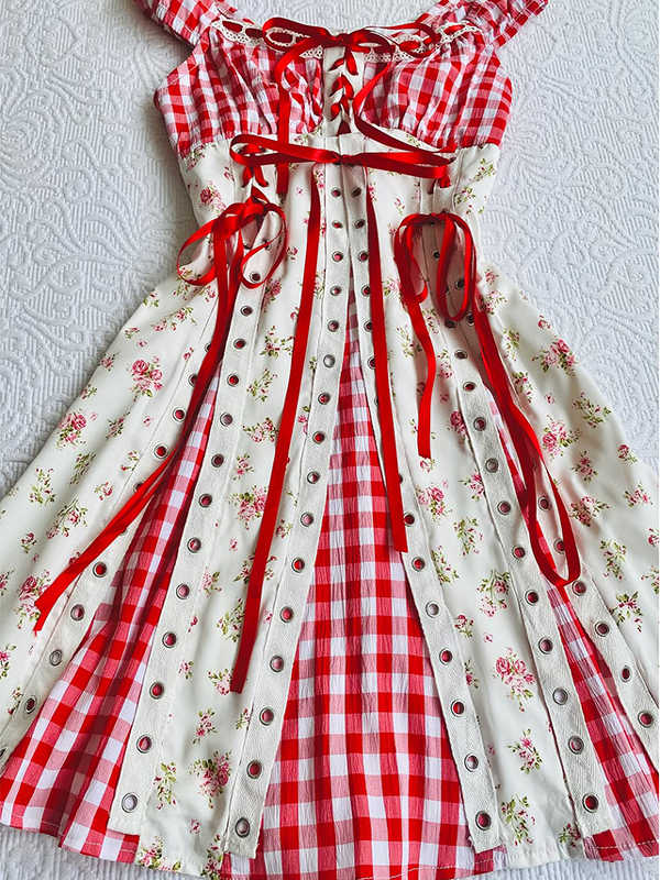 Red Plaid Patchwork Suspender Dress