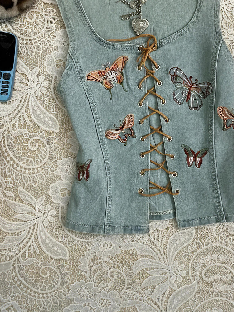 denim butterfly straps corp top