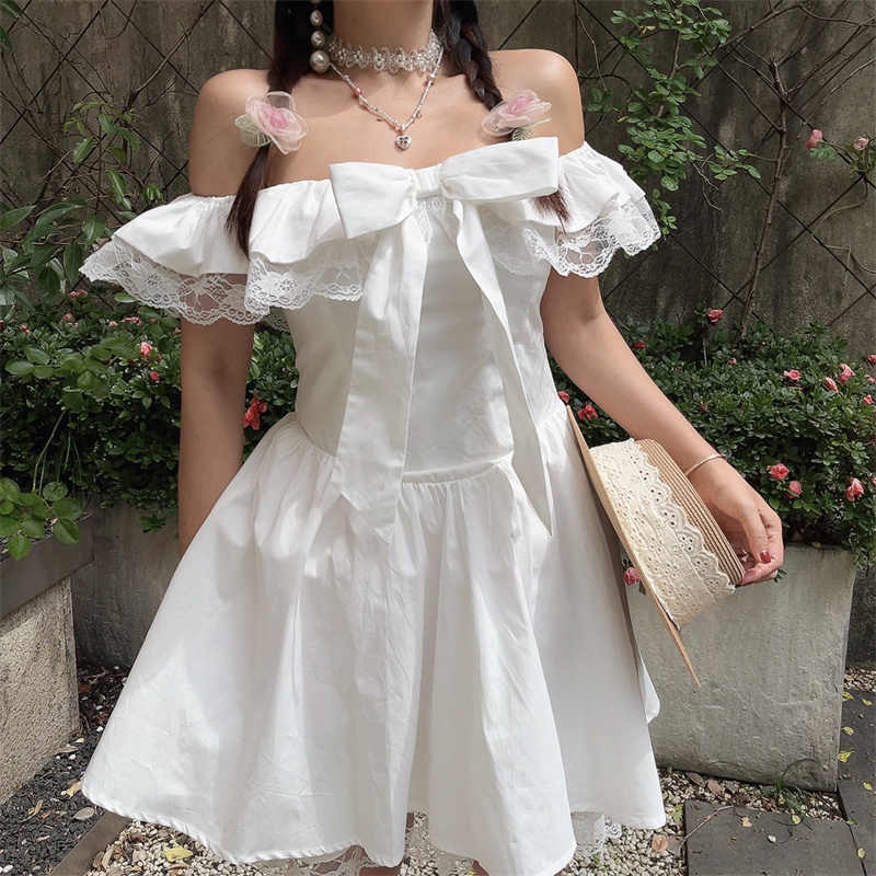One-shoulder Lace Bow Fairy Dress