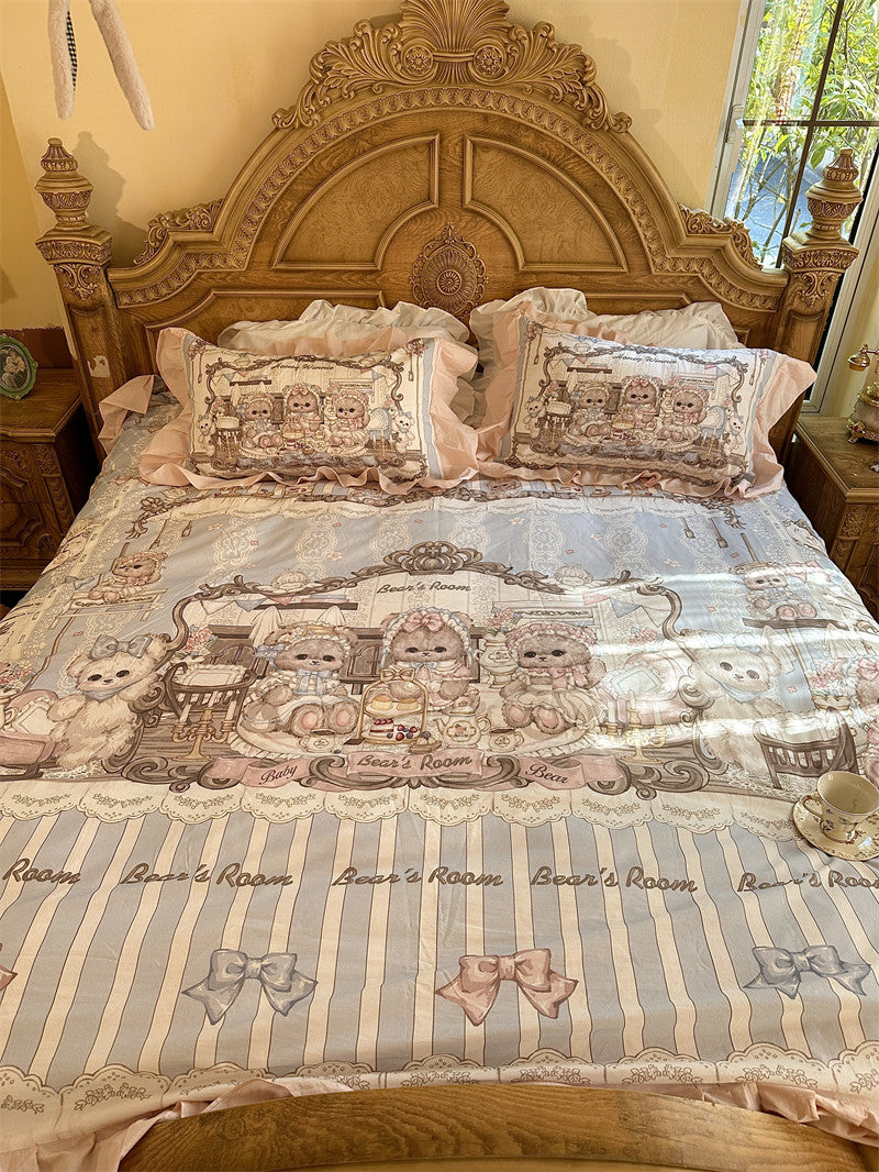 Little Bear Tea Party lolita washed cotton sheet four-piece set