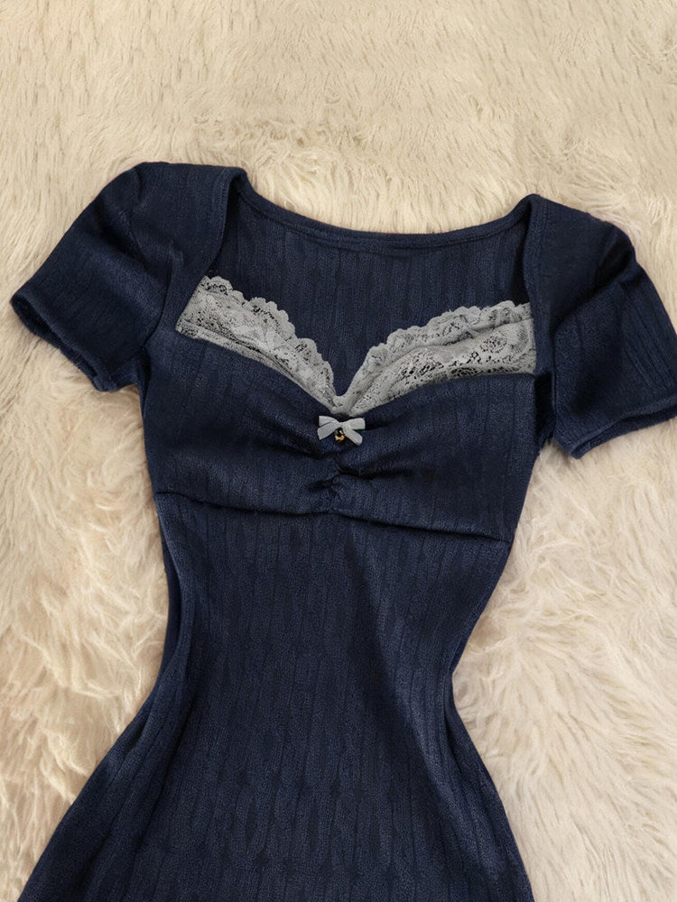 lace bow navy knit dress