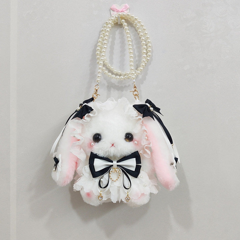 black bow plush rabbit pearls bag