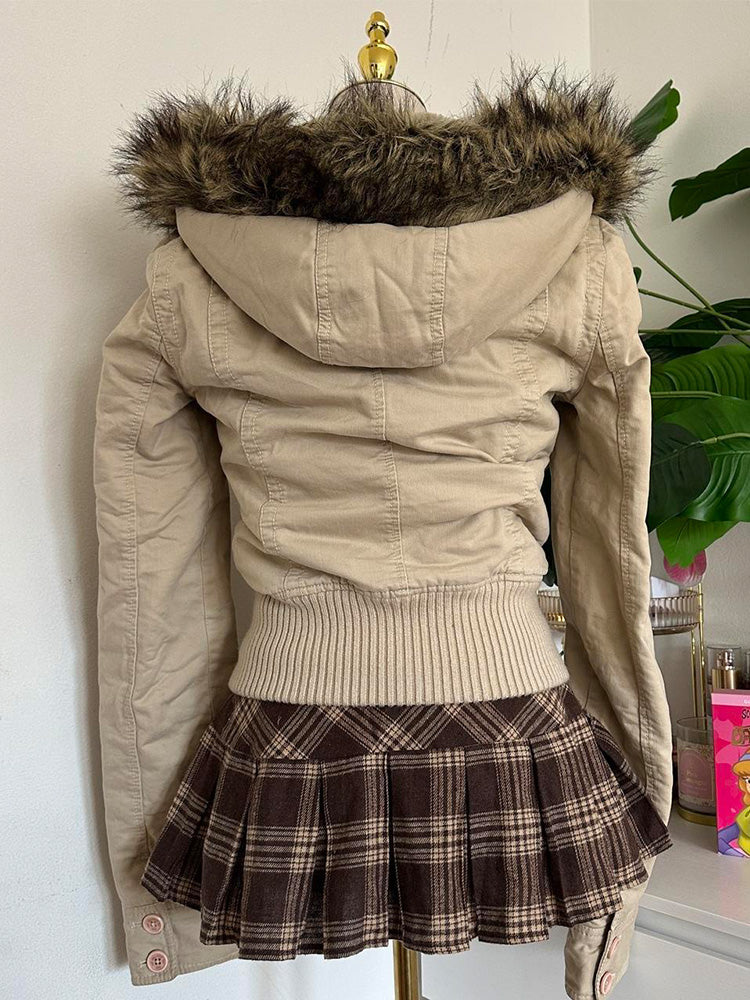 retro beige fur hooded jacket