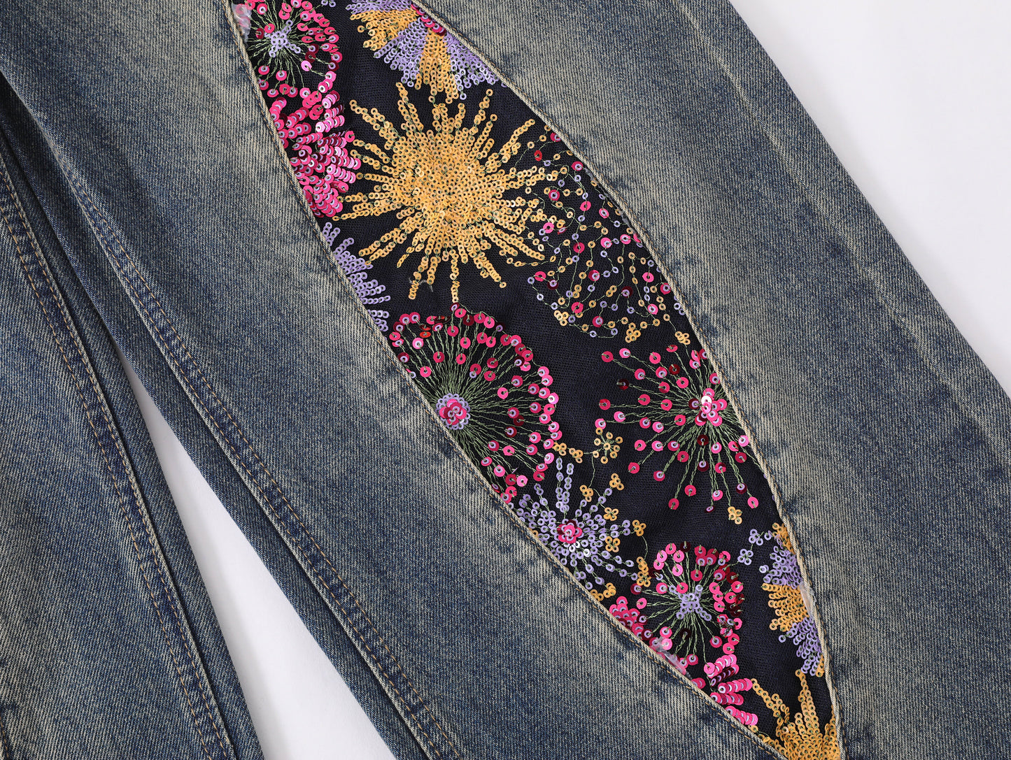Vintage embroidered firework patchwork jeans