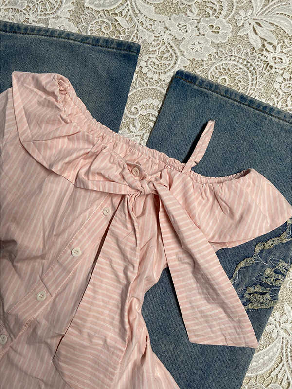 Retro Pink Off-shoulder Striped Shirt