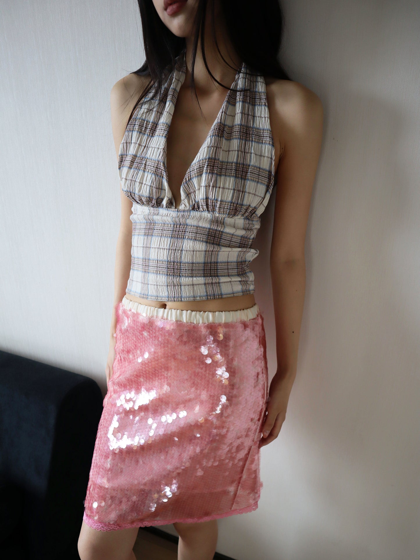 Pink Sequined Lace Trim Skirt