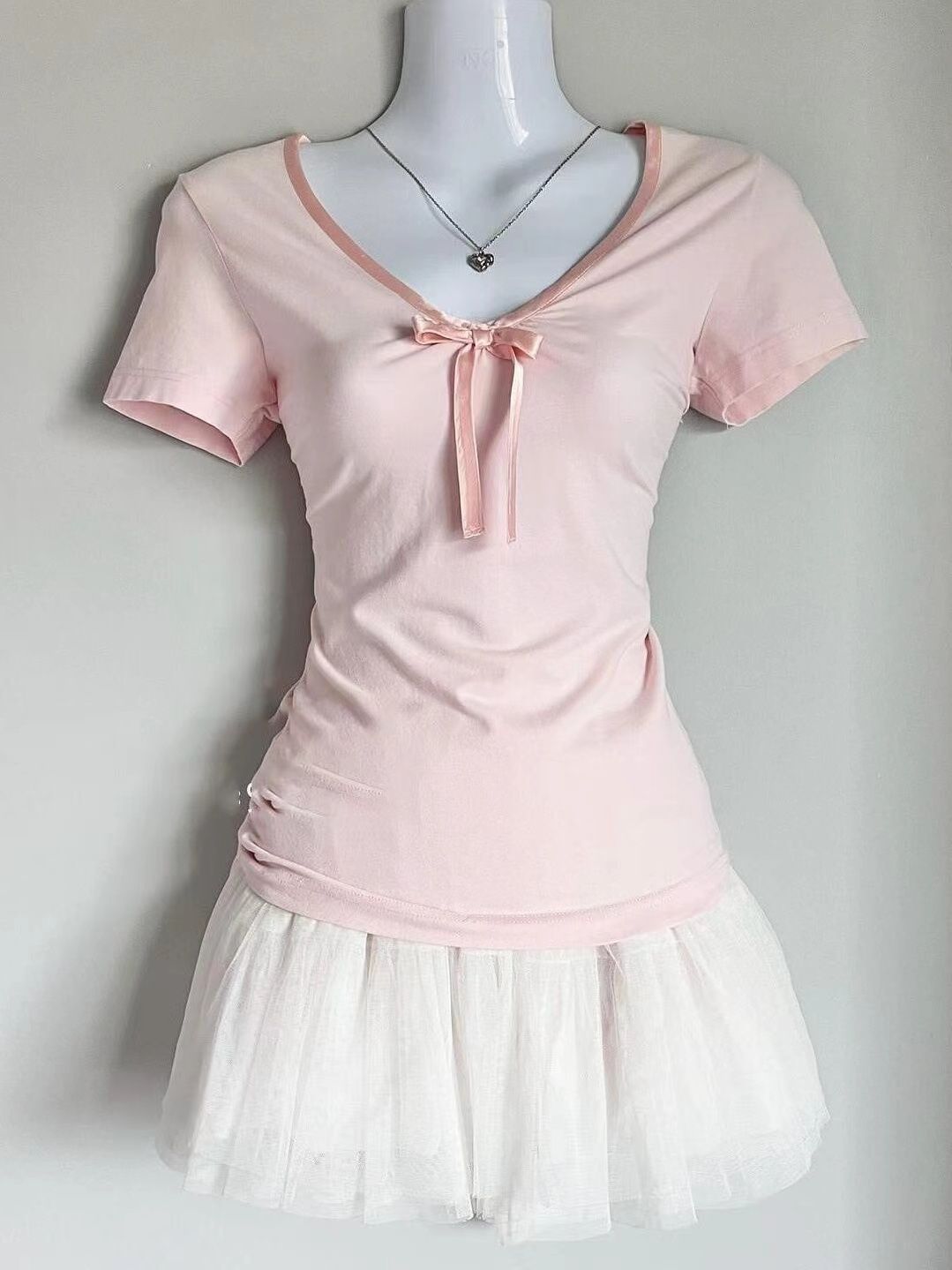 retro vintage pink bow short sleeves