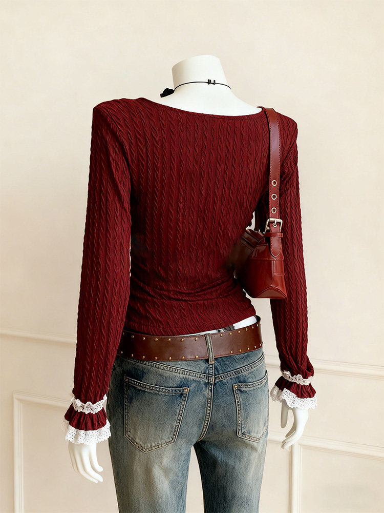 burgundy lace knit ling-sleeved top