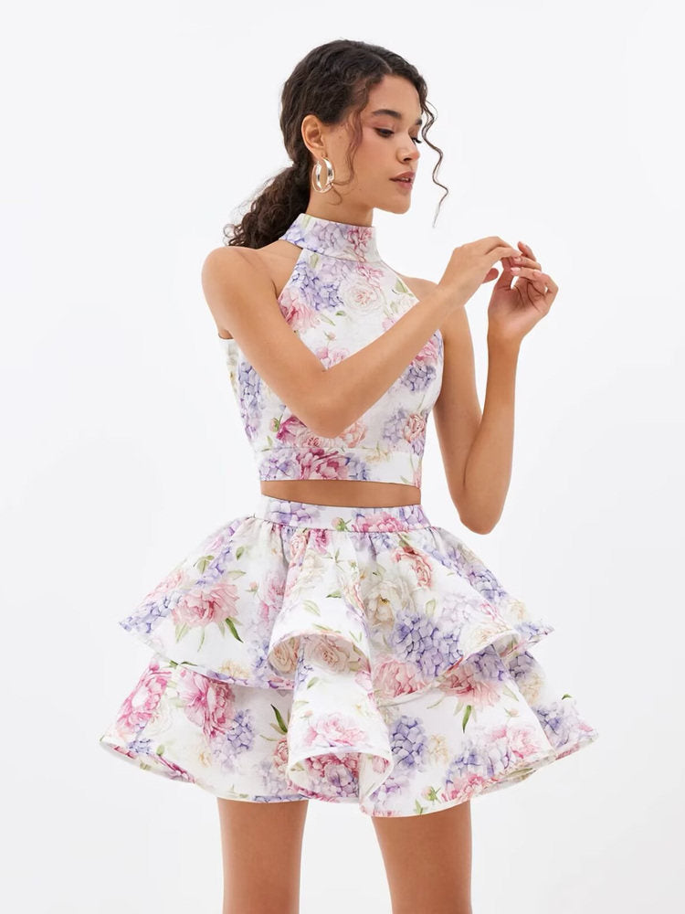 French Halter Print Top + Tiered Mini Skirt 2-Piece Set