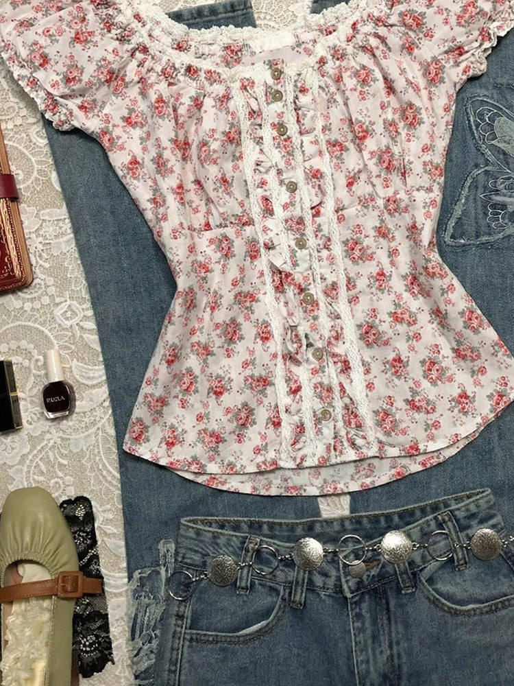 rose floral puff-sleeved shirt