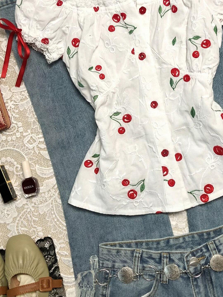 cherries puff-sleeved shirt