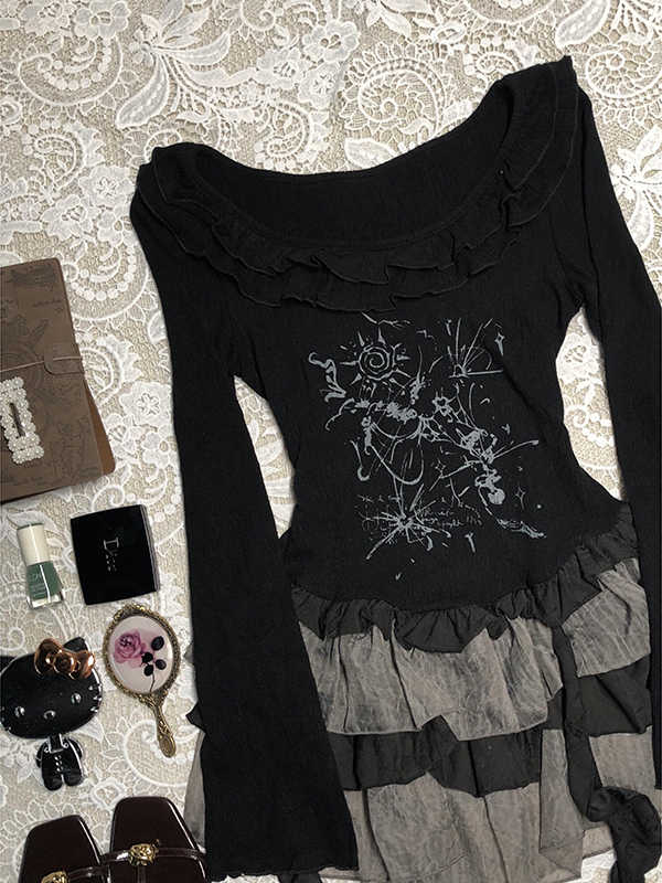 Black Patchwork Printed Long-sleeved Dress