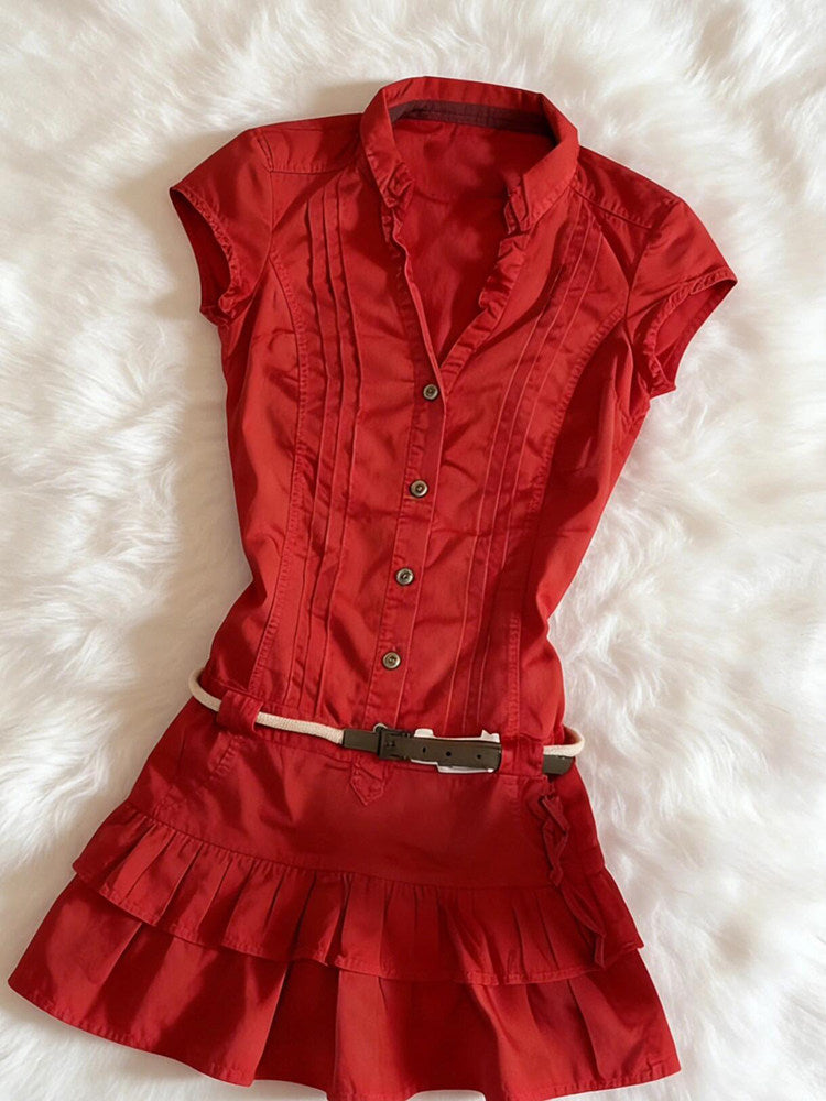 red sleeveless shirt dress