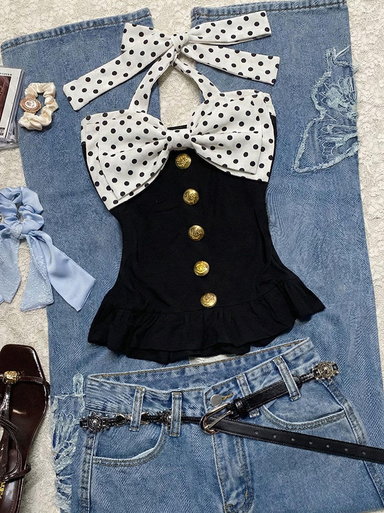 polka dots bow halter top