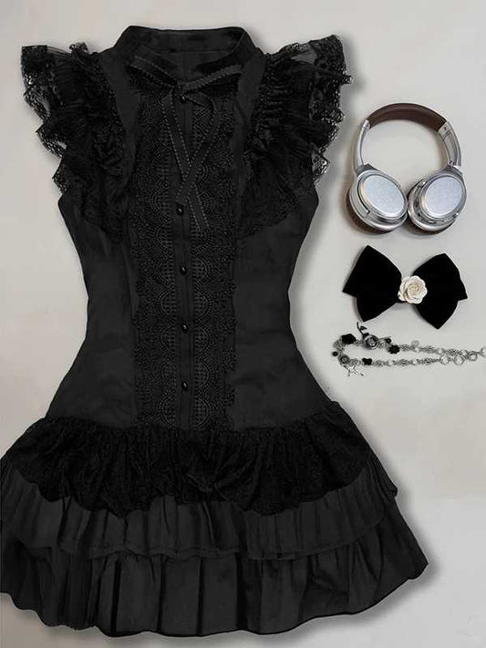 Black Lace Patchwork Shirt Dress