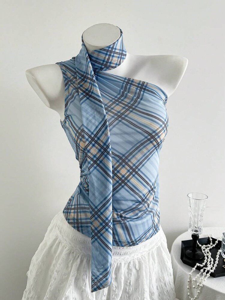 Plaid Halter Top with Flowing Ties