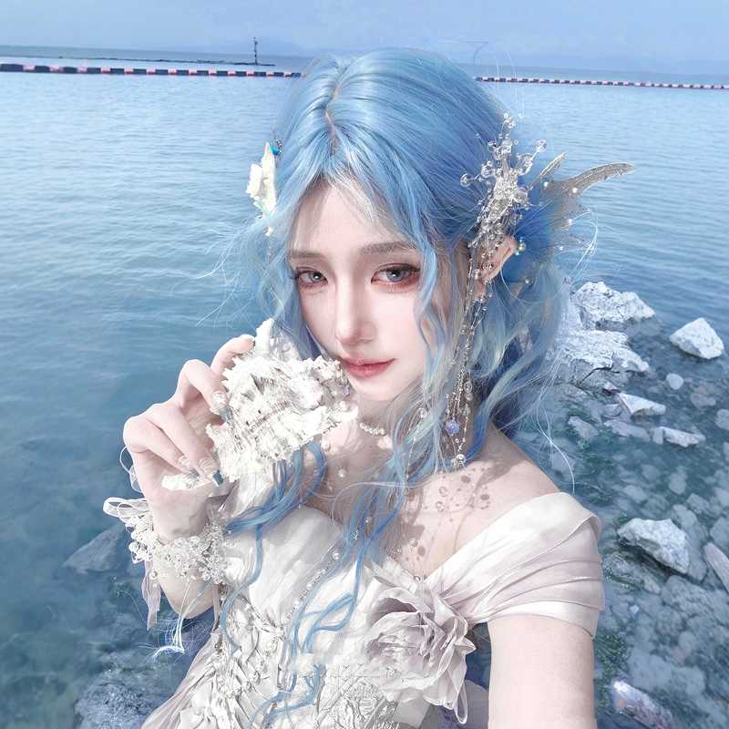 Sea Elf Blue Long Curly Wig