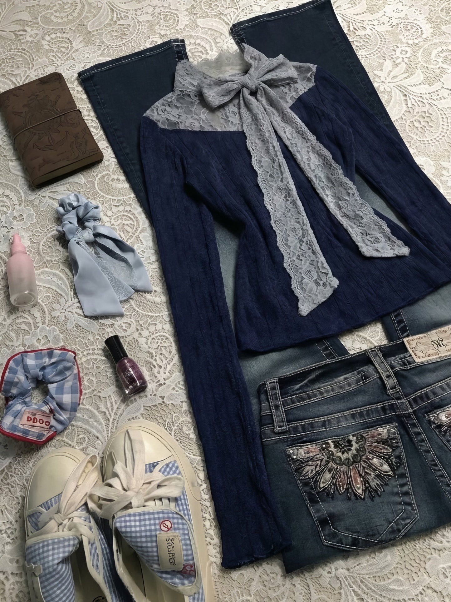 retro lace bow long-sleeved shirt