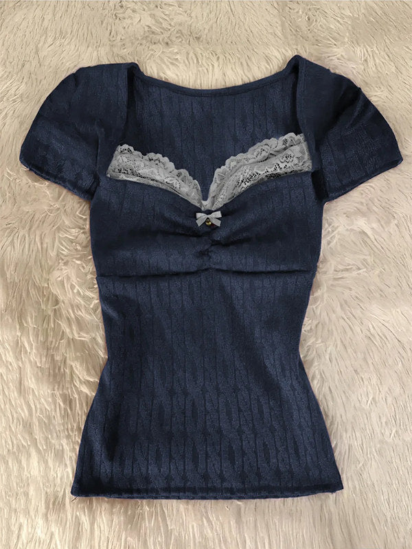 knit lace bow shirt