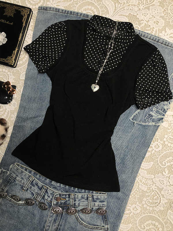 Black Spliced Polka Dot Shirt