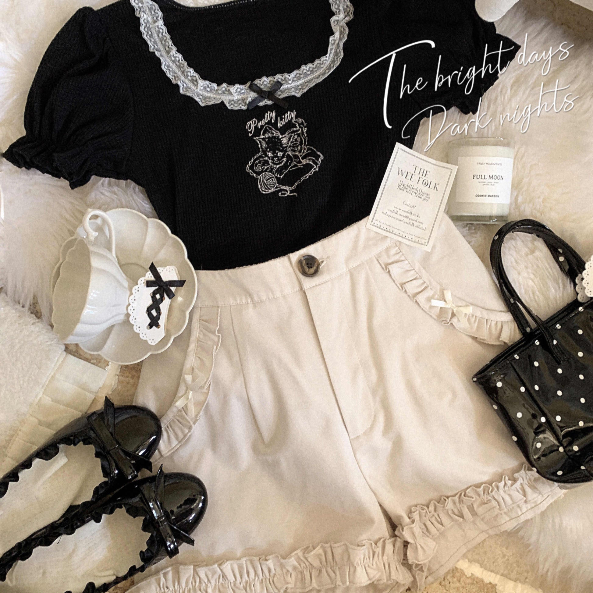 Lace Bow Cat Puff-sleeve Top