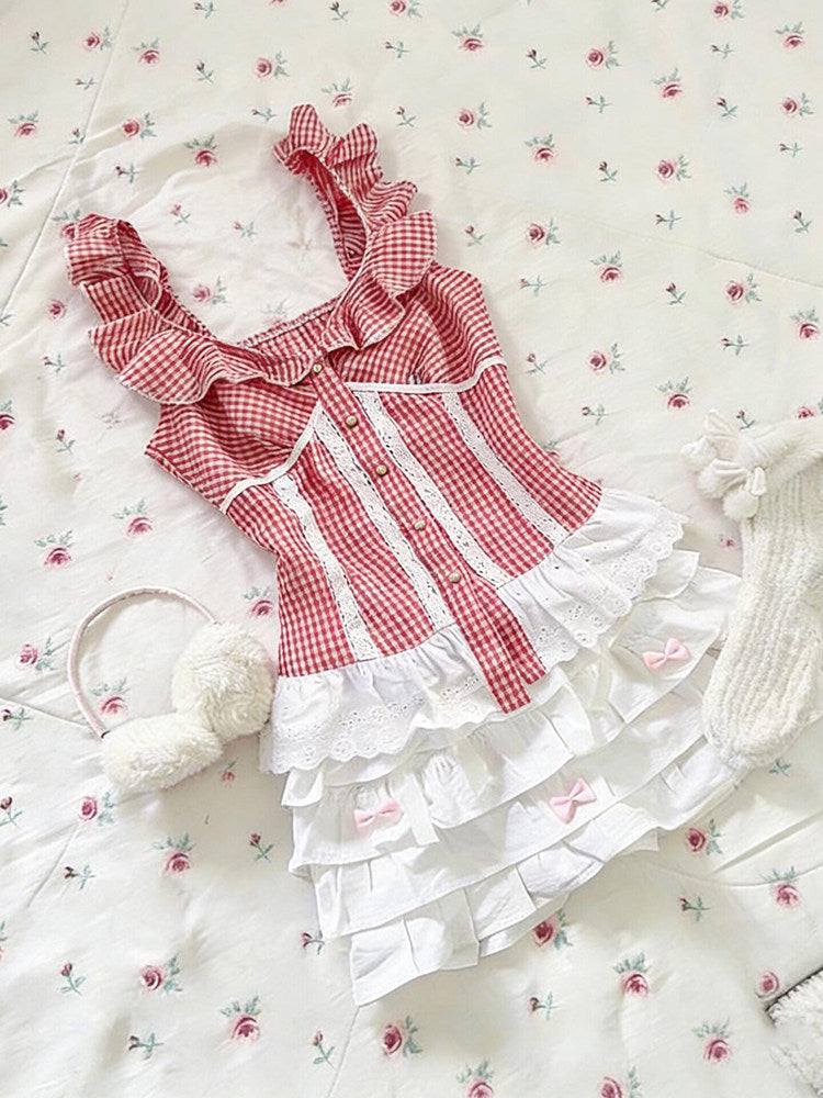 retro plaid red ruffled tank top