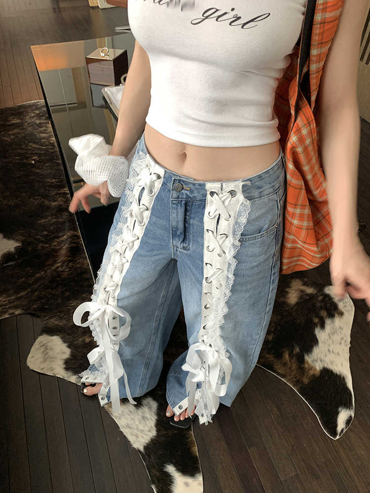 Coquette Lace Straps Wide Leg Jeans