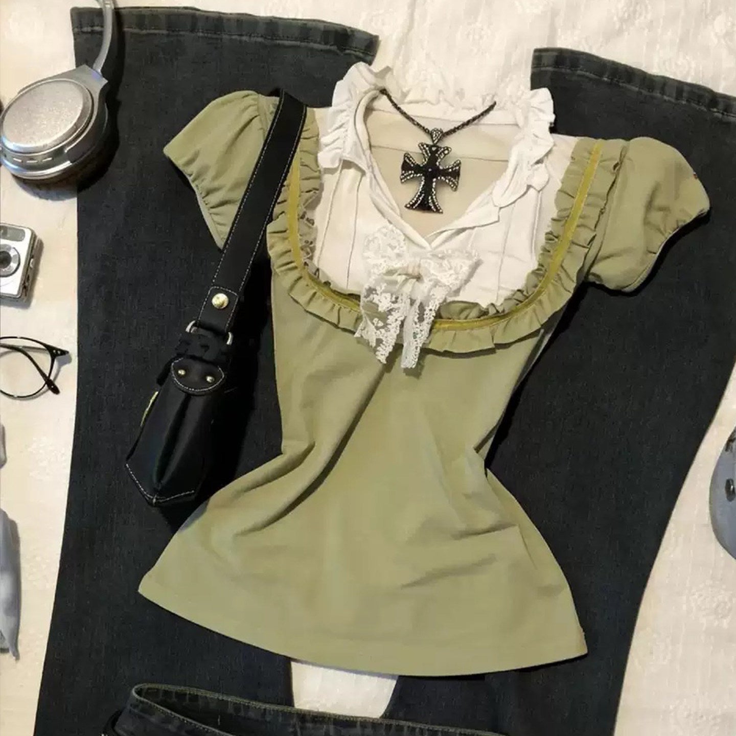 y2k vintage ruffle green shirt