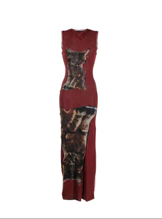 Y2K Retro Cat Print Sleeveless Maxi Dress