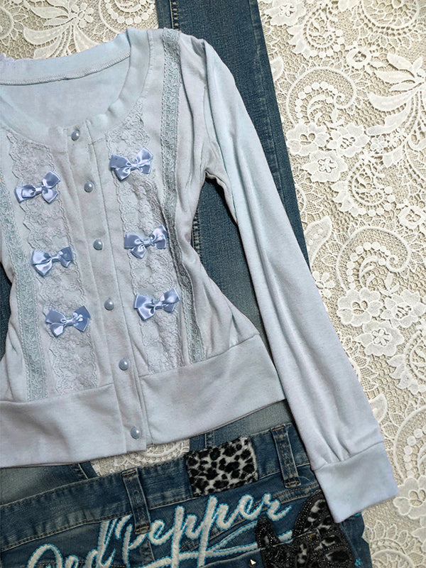 blue bow long-sleeved cardigan