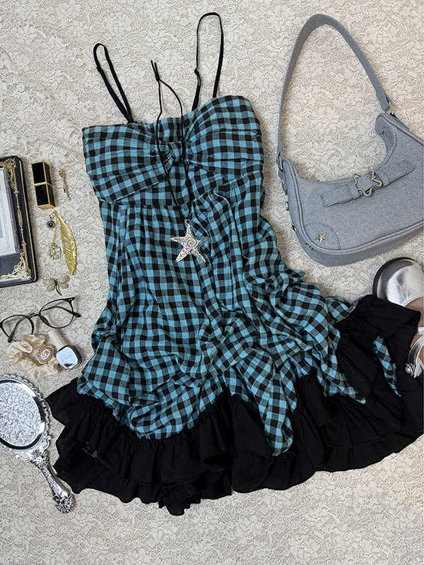 Retro Plaid Suspender Dress