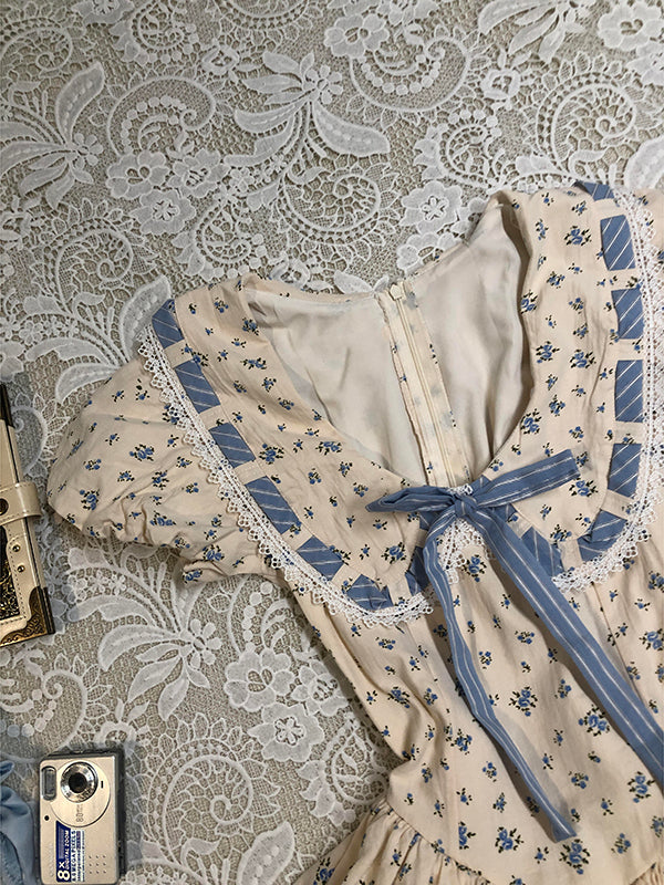 blue bow floral puff sleeve dress