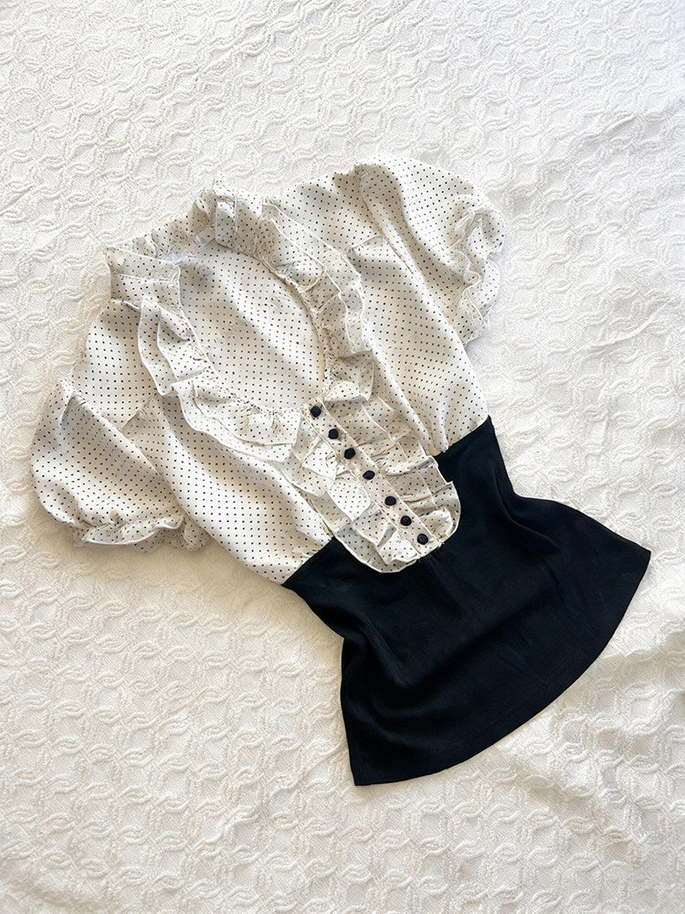 polka dots ruffled v-neck shirt