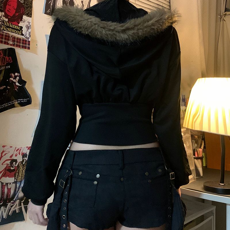Retro fur patchwork fur collar zipper short sweatshirt