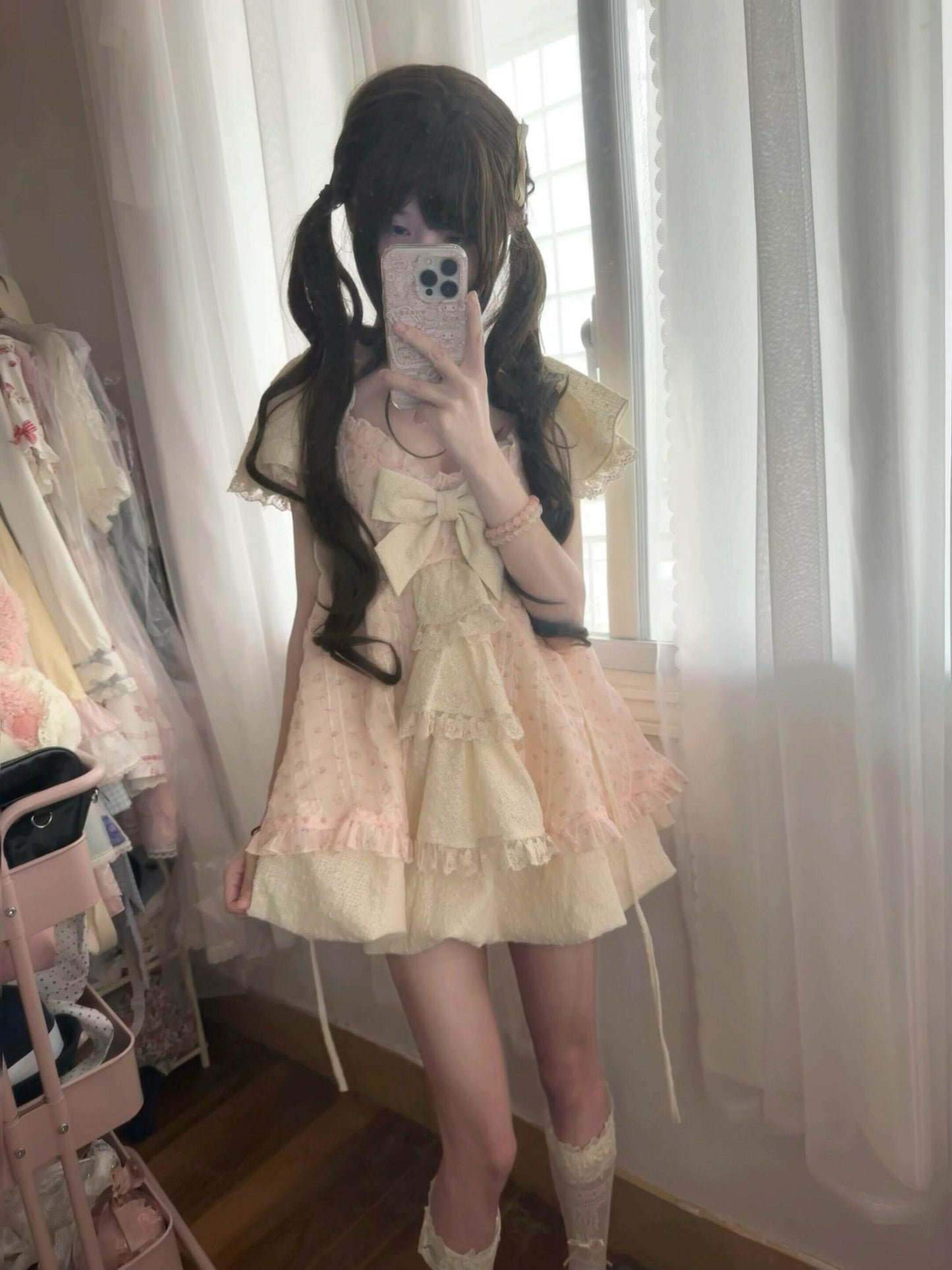 Lace Bow Puffy Dress 2-Piece Set