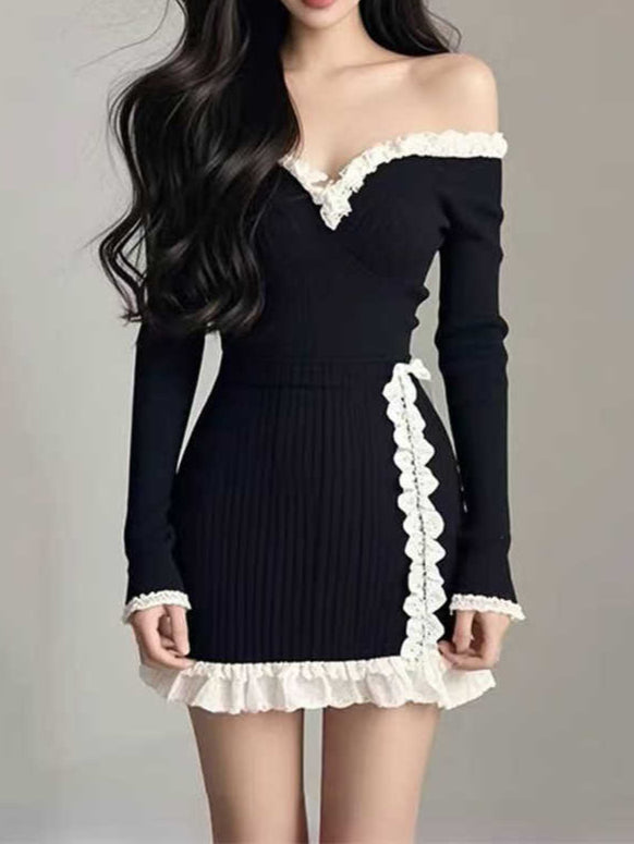 Off The Shoulder Knitted Dark Coquette Dress