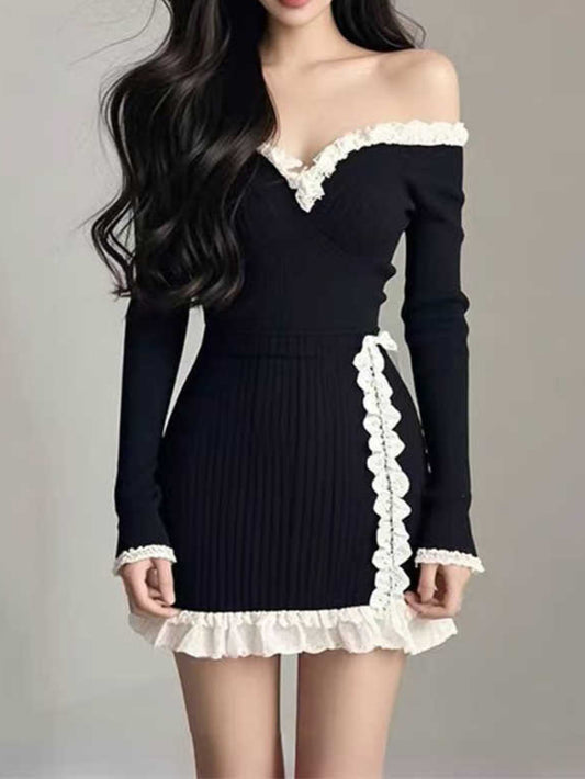 Off The Shoulder Knitted Dark Coquette Dress