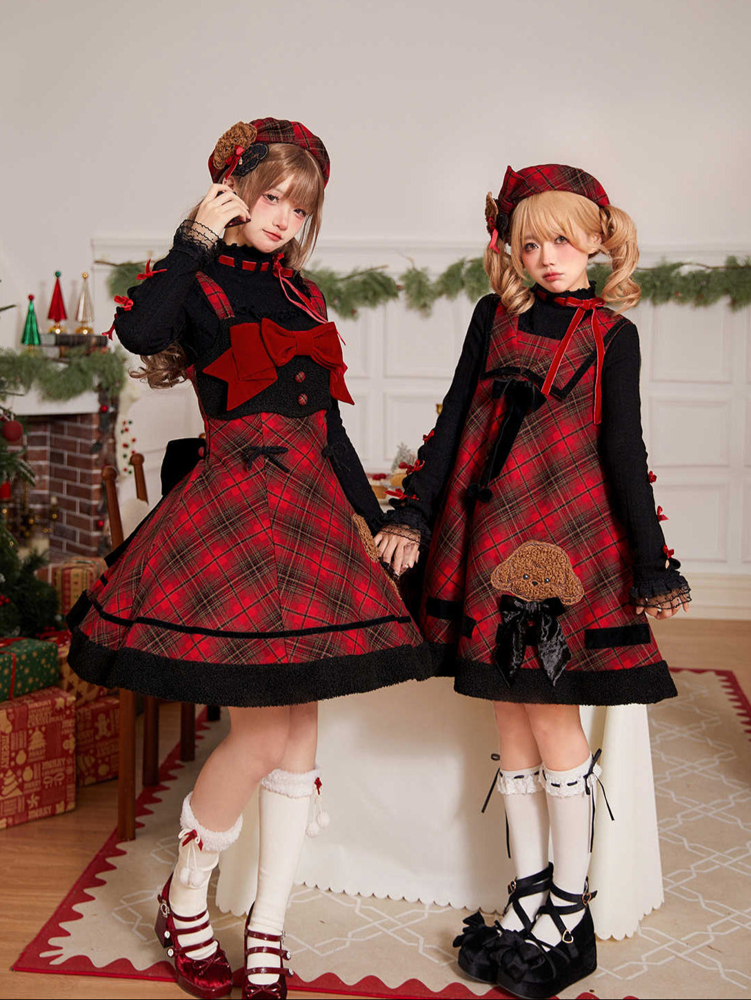 Red Plaid Teddy Dog Embroidered Dress