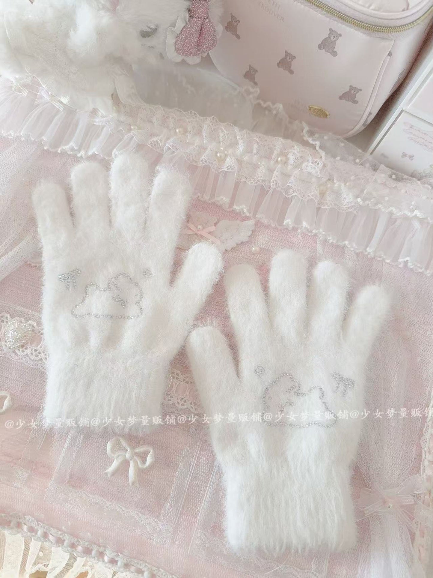Cute Rhinestone Bunny Fingered Plush Gloves
