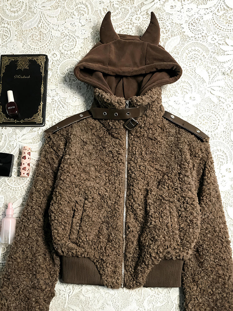 retro camel playful hooded velvet jacket