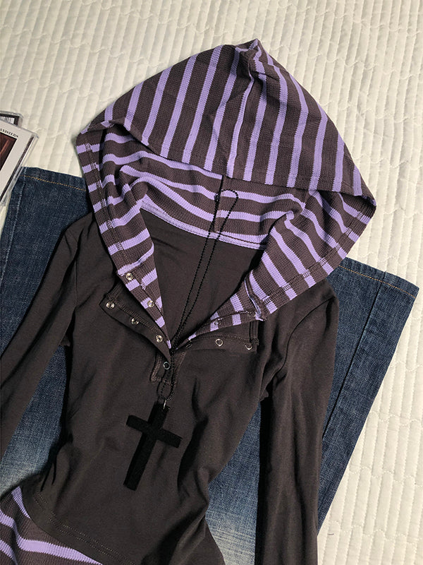purple striped fake two-piece long-sleeved Top